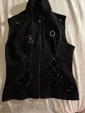 Black Lace-Up Sleeveless Zip Front Vest